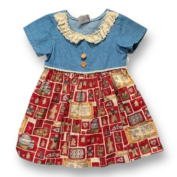 Vintage Baby Baby Dress Denim Red Gingerbread PrintShort Sleeve Lace Collar